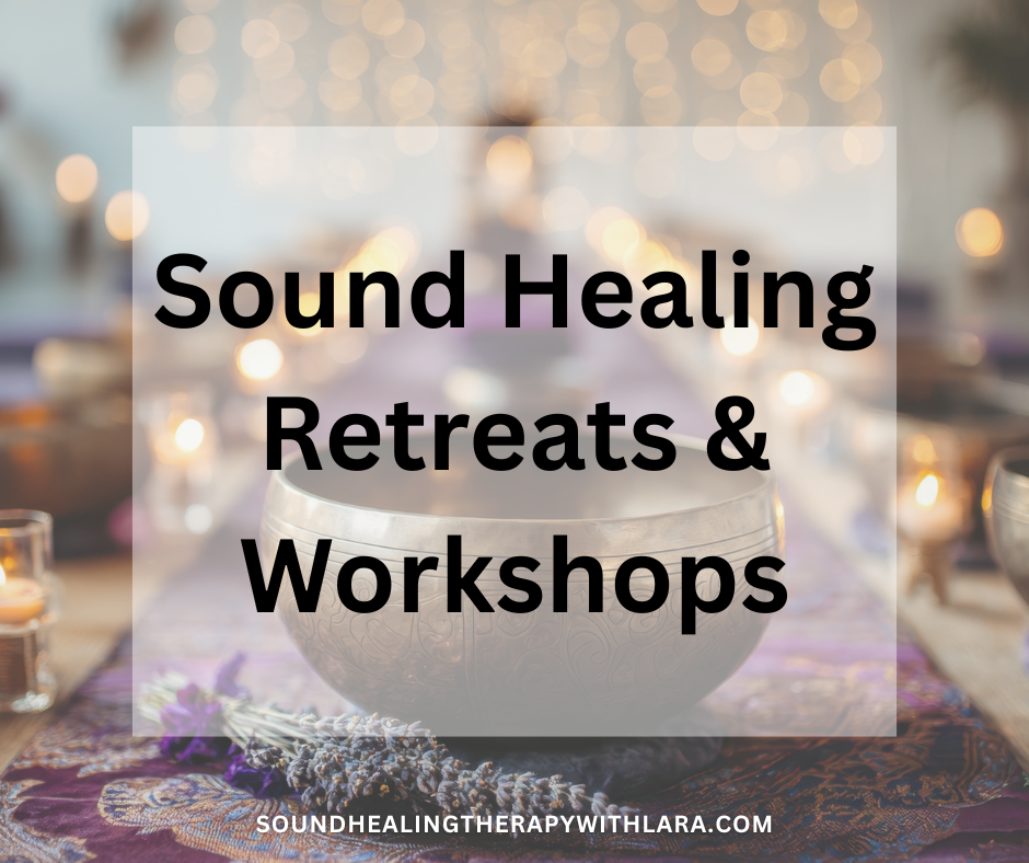 A table is decorated with Tibetan singing bowls and purple cloth. Text says, Sound healing retreats and workshops. Soundhealingtherapywithlara.com