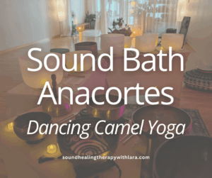 Image of a sound bath. Text says, Sound Bath Anacortes, Dancing Camel Yoga. soundhealingtherapywthlara.com