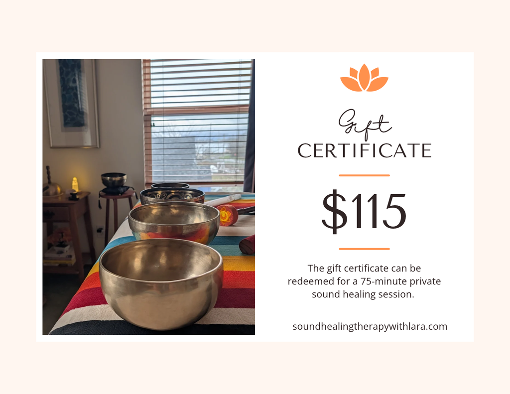 Sound Healing Therapy with Lara gift certificate for a 75-minute private sound healing session, with Tibetan singing bowls on a treatment table